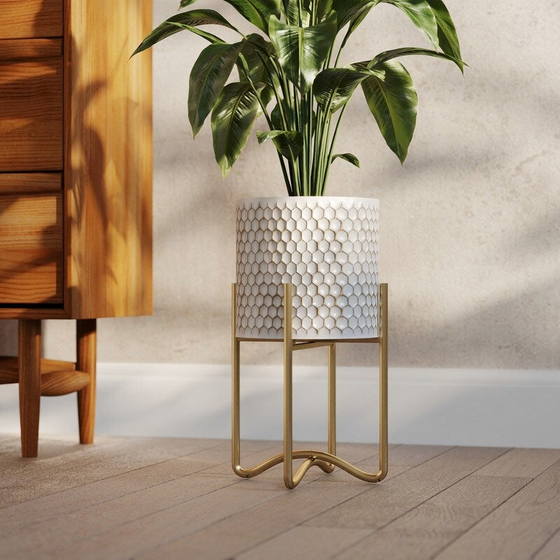 Honeycomb Mid-Century Modern Indoor Metal Pot Planter with Tall Metal Base