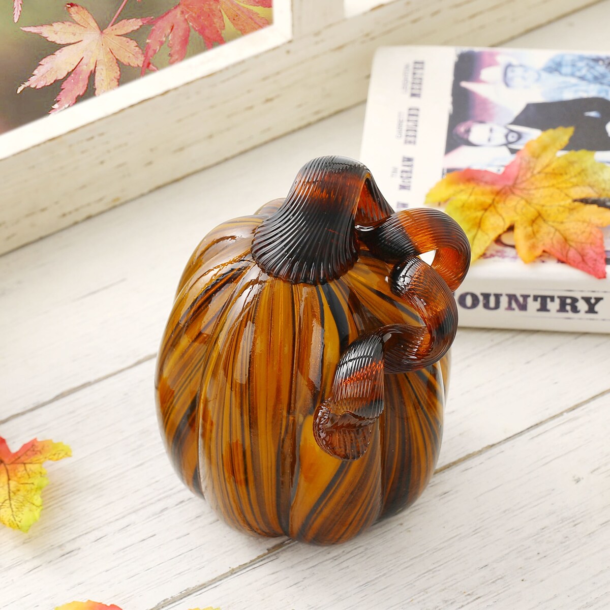 Glitzhome Fall Harvest Multi Striped Handblown Glass Pumpkins for Thanksgiving Decor