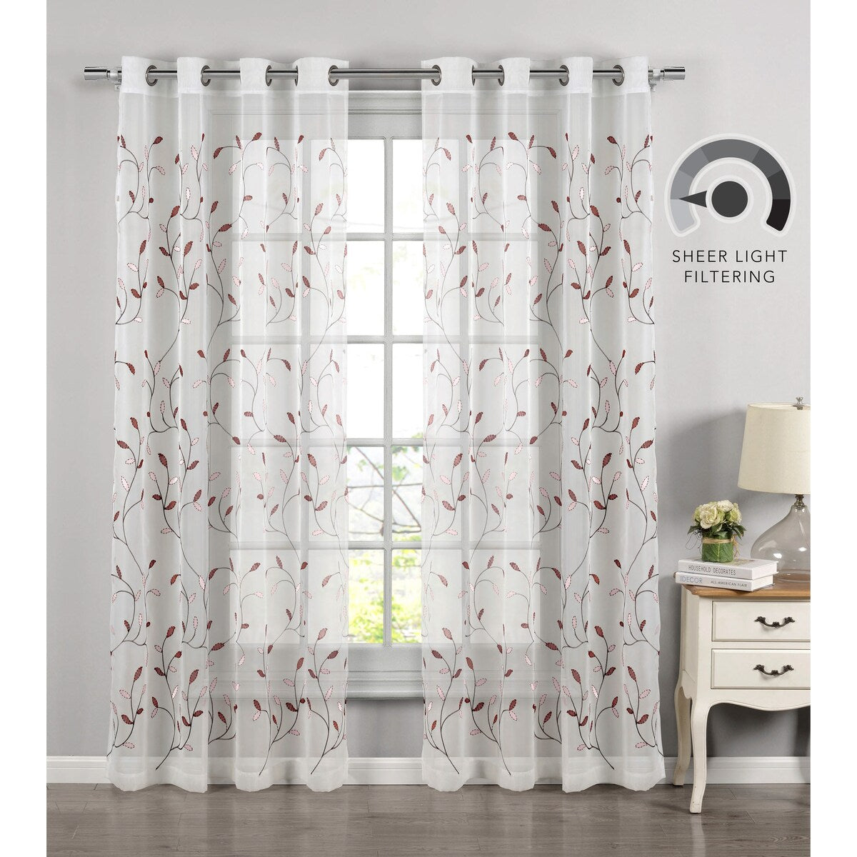 Wavy Leaves Embroidered Sheer Extra Wide Window Curtain (Single Panel)