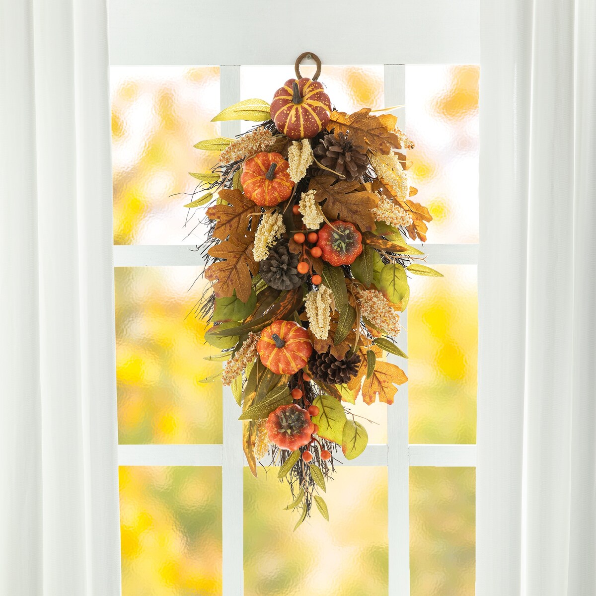 Glitzhome Fall Pumpkin Leaf Pine Cones Floral Swag Wreath