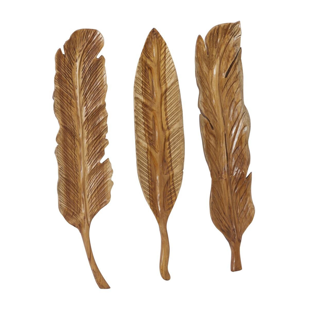 Teak Wood Bird Handmade Carved Feather Home Wall Decor - Set of 3 Brown - Roche River Decor