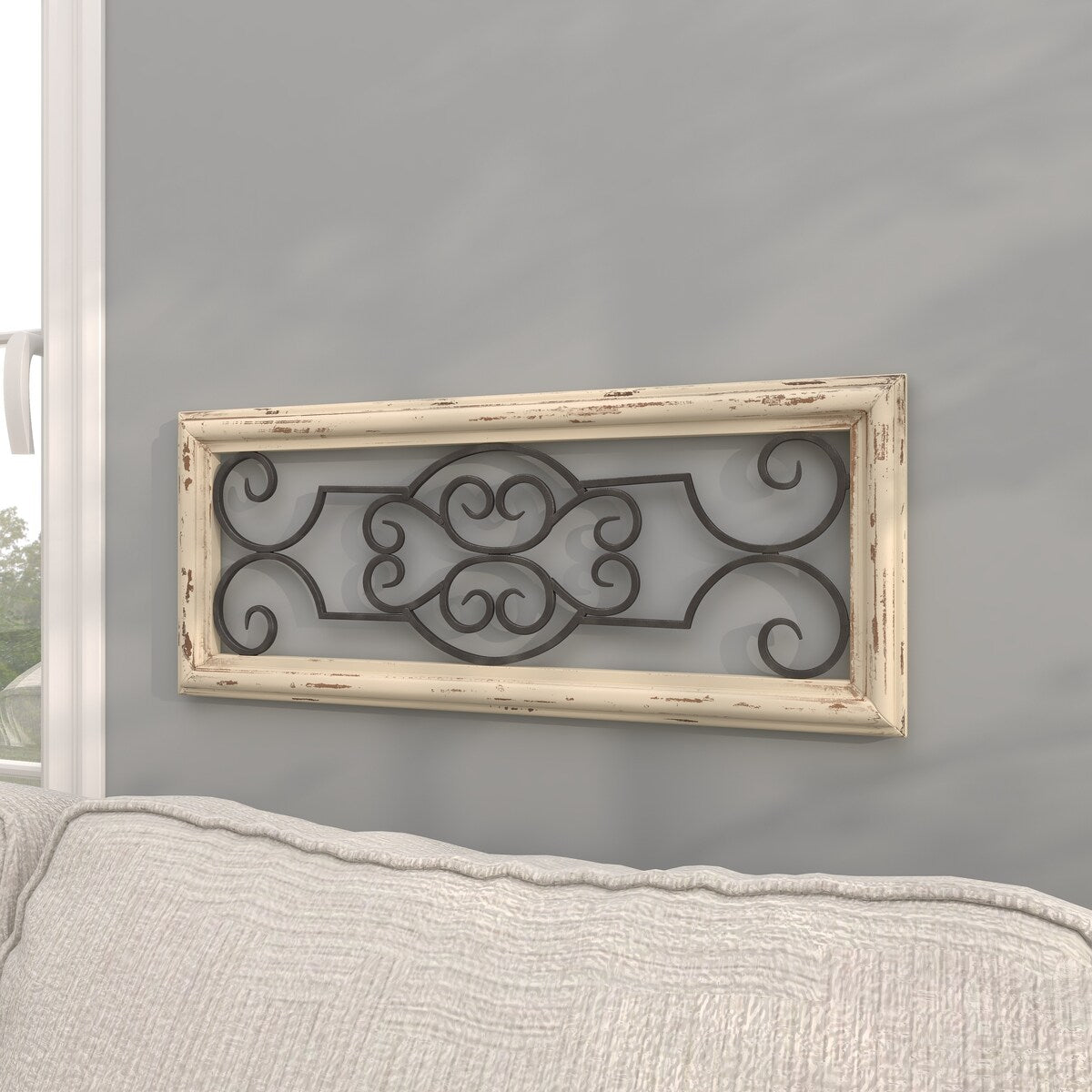 Wood Scroll Small Panel Home Wall Decor with Black Metal Scrollwork - White - Roche River Decor