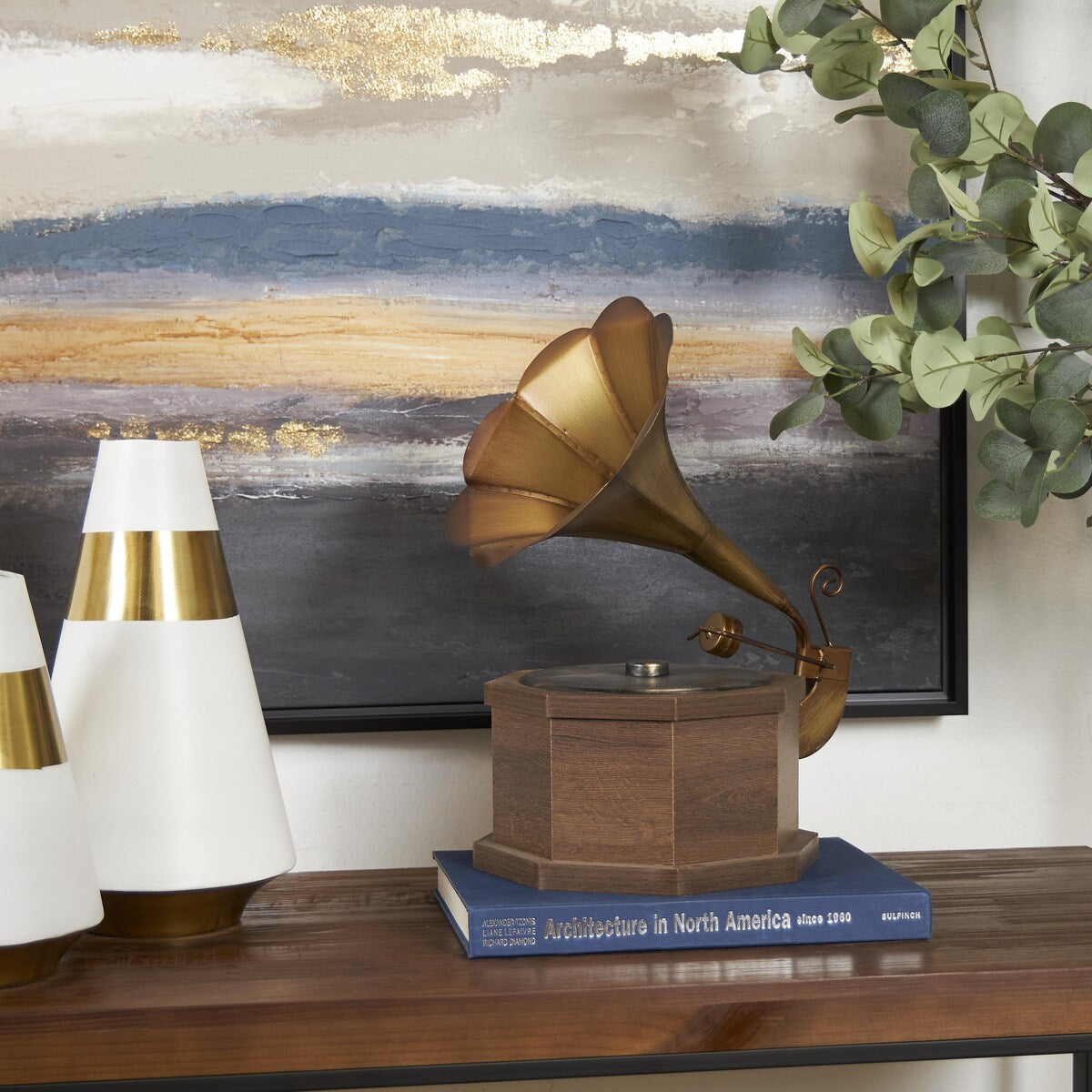 Wooden Music Antique Gramophone with Brown Wooden Base - Copper - Roche River Decor