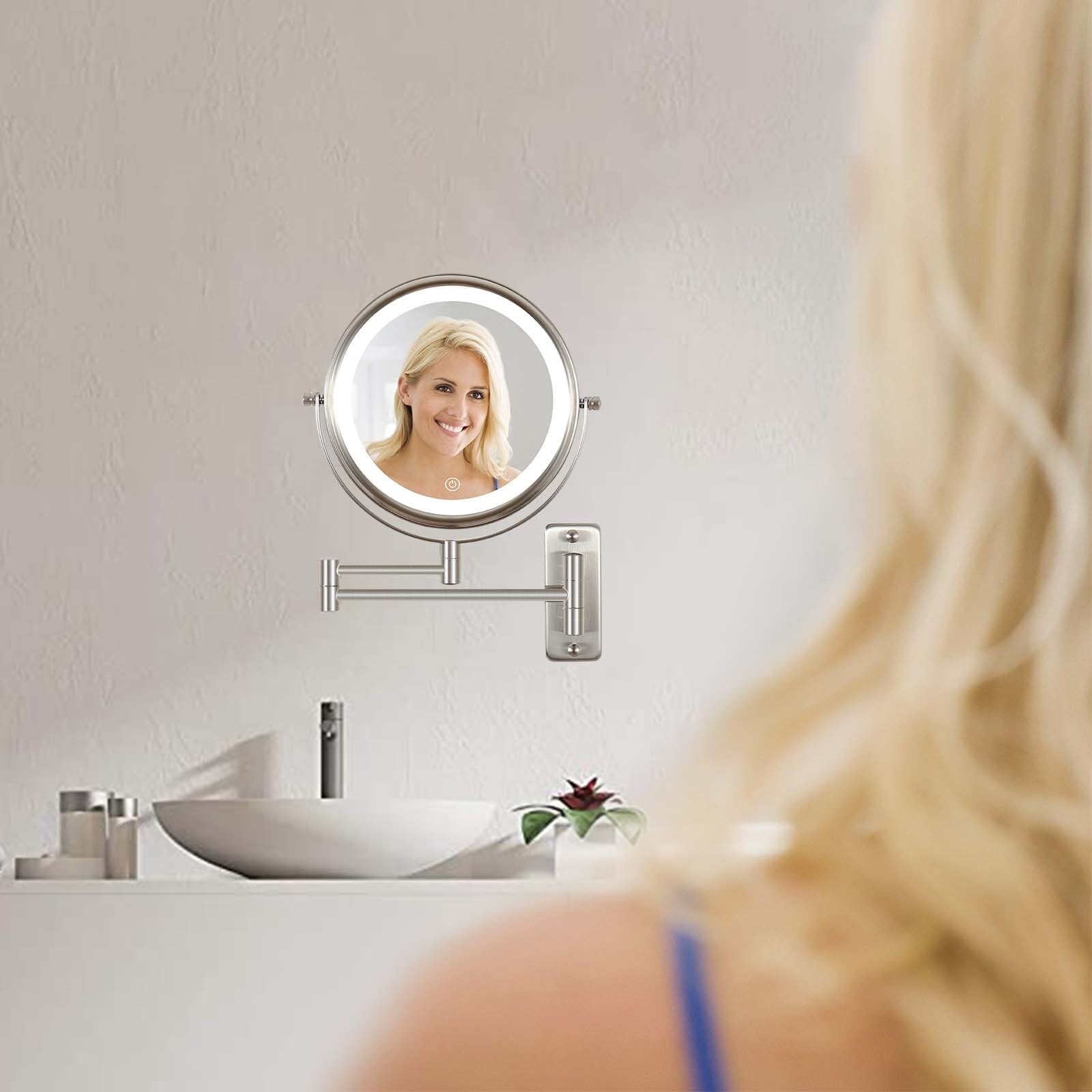 8 Round Wall Mount Bathroom Makeup Mirror, Rechargeable, Magnification 1x/10x, 3 Color Lights