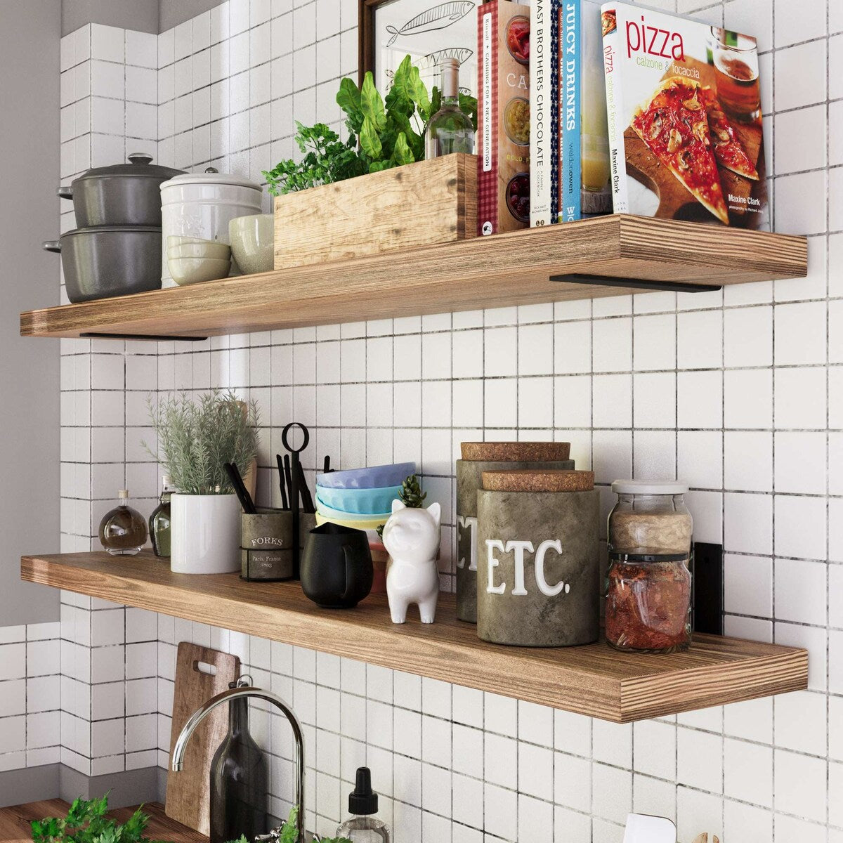 Cervo 60 in x11.25 in Rustic Floating Shelves for Wall - 2 Pcs - Burnt