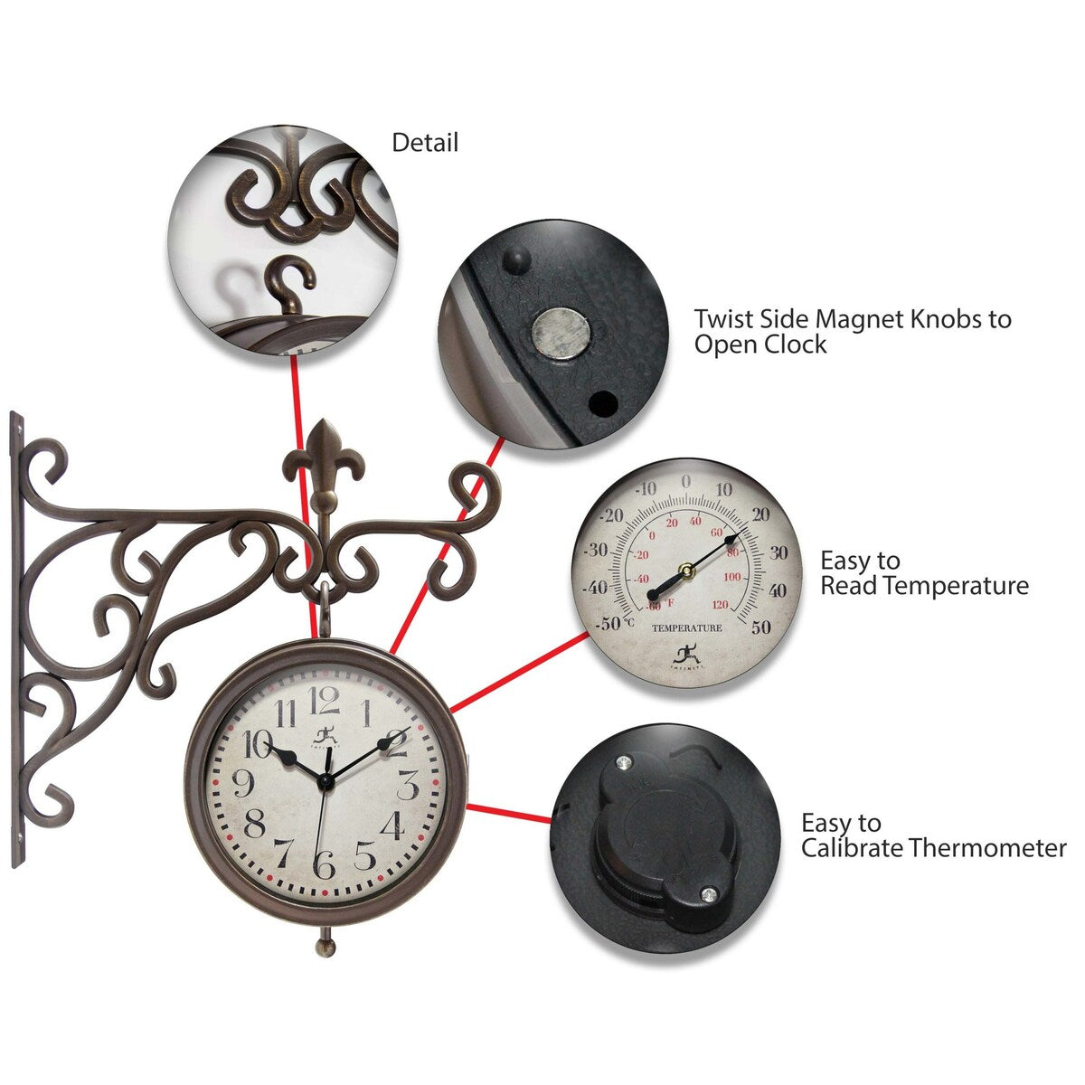 Beauregard Double-Sided Clock and Thermometer Combo Outdoor Clock - 8 x 3.5 x 8