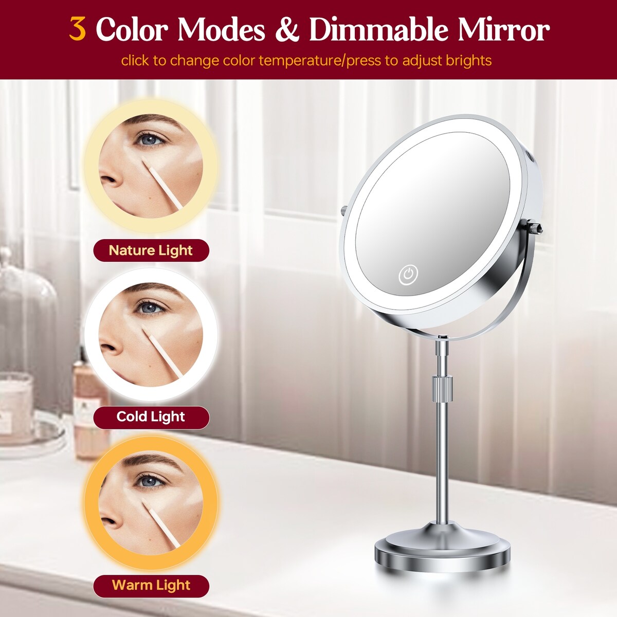 9 Rechargeable Lighted Makeup Mirror, Vanity Mirror with 1X/10x Magnification, Height Adjustable 3-Lighting Modes Dimmable