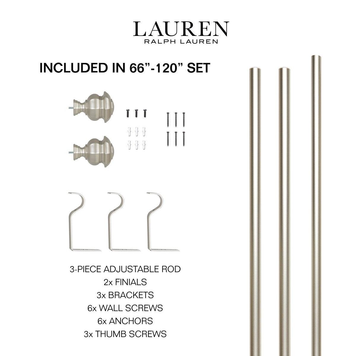 Lauren Ralph Lauren Welford 1 Adjustable Window Curtain Rod and Finial Set