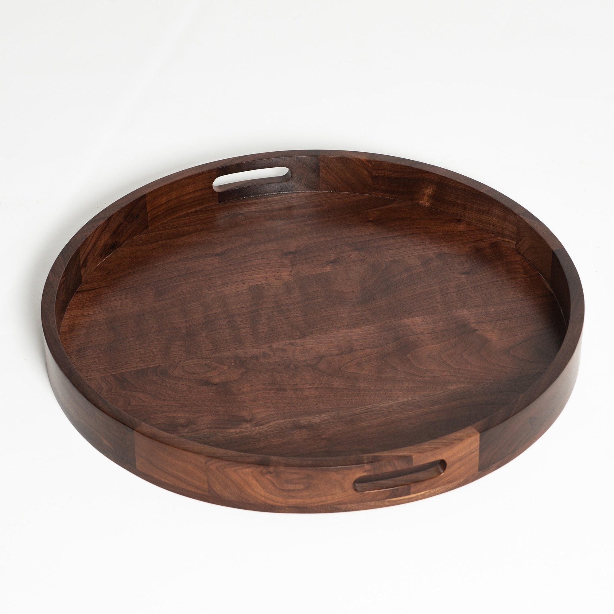 Round Black Walnut Wood Serving Tray Ottoman Tray with Handles