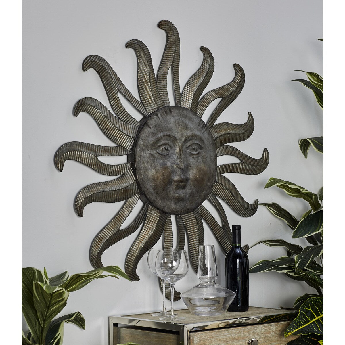 Metal Sun Indoor Outdoor Face Home Wall Decor with Ribbed Detailing - Gray - Roche River Decor