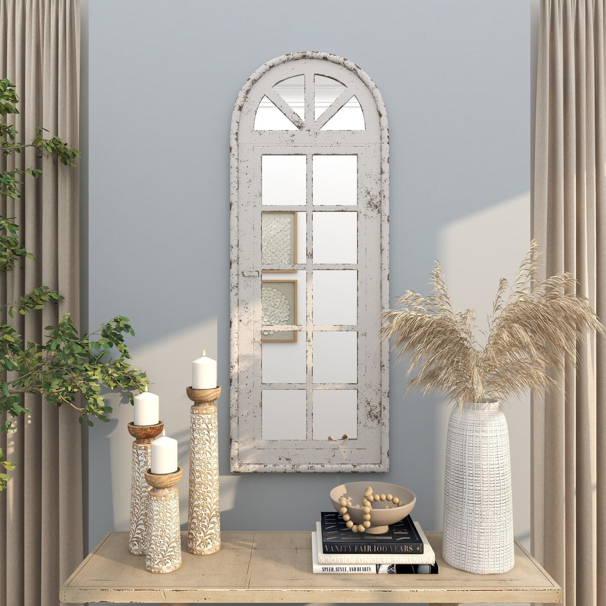 Wooden Window Pane Inspired Room Wall Mirror with Arched Top and Distressing - White - Roche River Decor