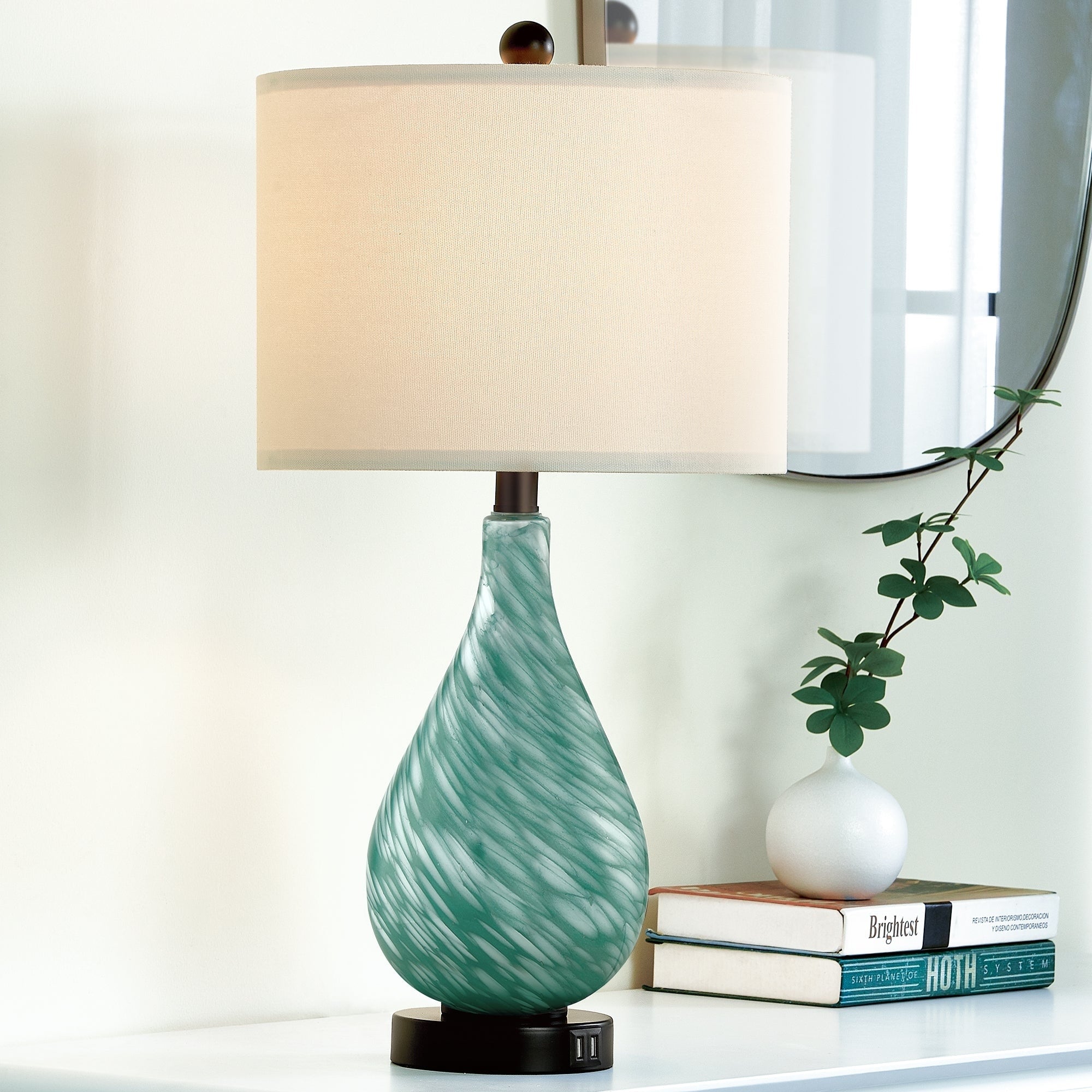 Cinkeda Table Lamp Teal Green Glass 3-Way Touch Dimming Dual USB Ports - 12'' x 12'' x 24'' (L x W x H)