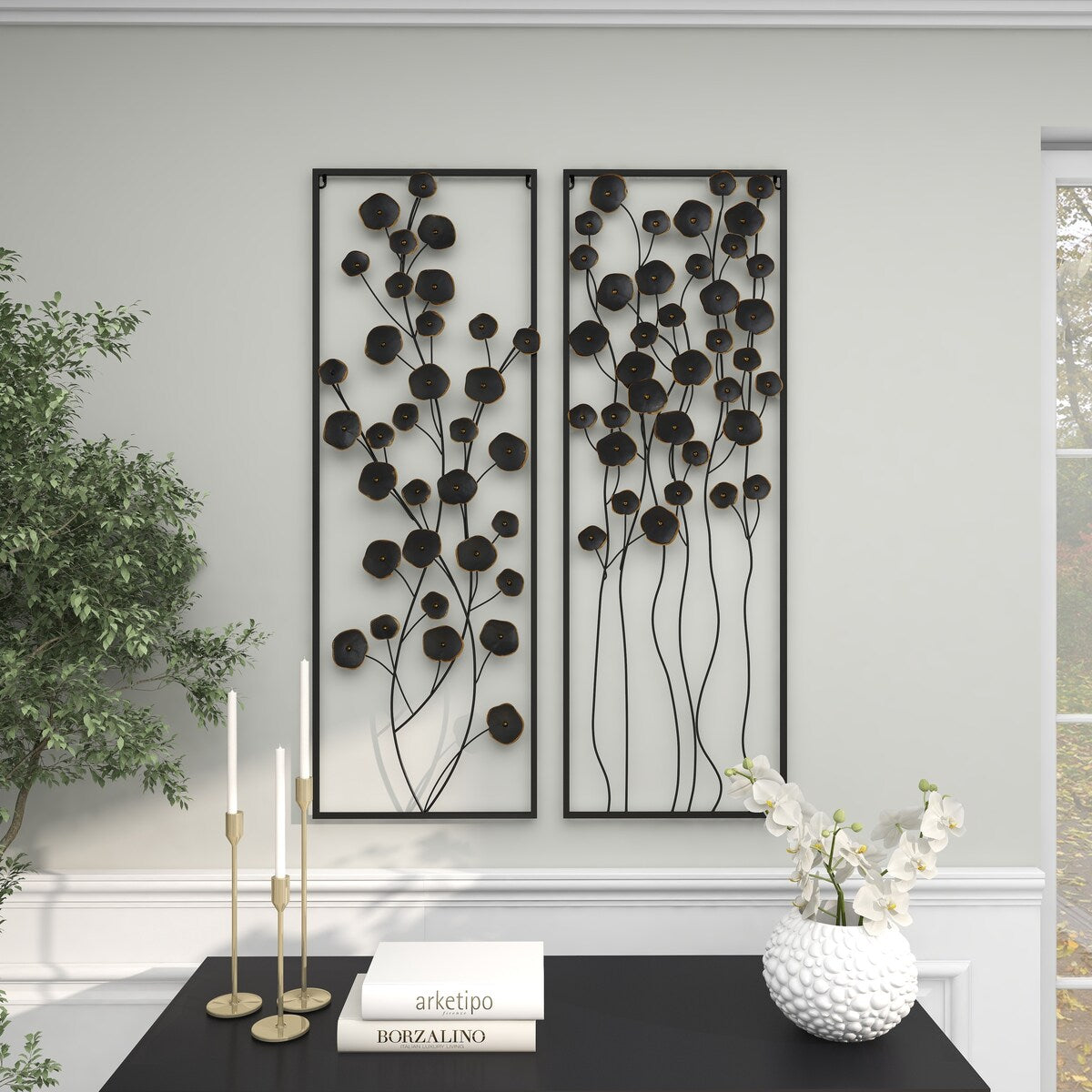 Metal Floral Home Wall Decor with Black Frame - Set of 2 Black - Roche River Decor