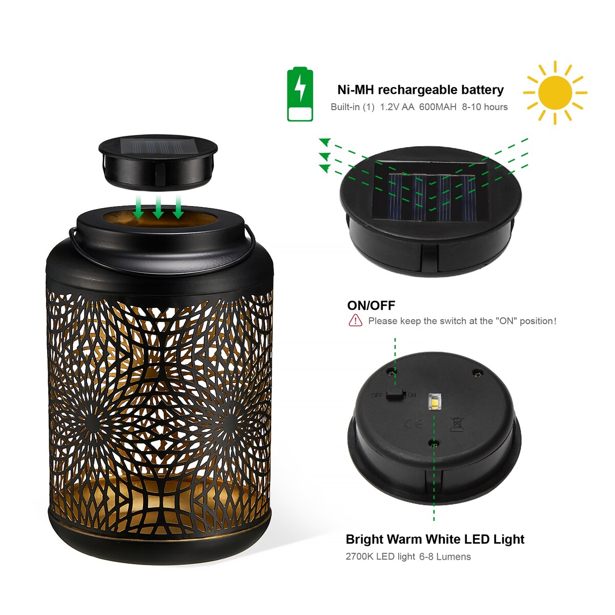 Glitzhome 8.75H Outdoor Metal Solar Hanging Lantern with LED lights