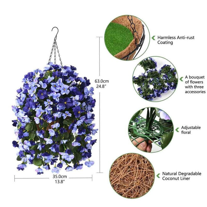 Artificial Plant Hanging Basket, 15.7' x 15.7' x 21.6', Blue, 4pcs Begonias Silk Flowers, for Patio Garden Decor