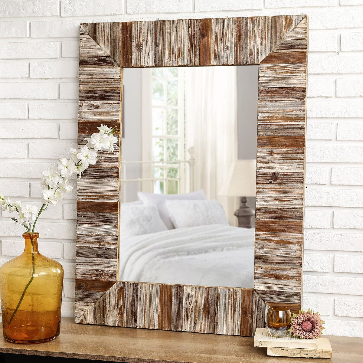 Glitzhome 40× 30 Farmhouse Rectangle Wooden Frame Wall Mirror Bathroom-vanity Drawing Room Decor - 29.9 X 39.7