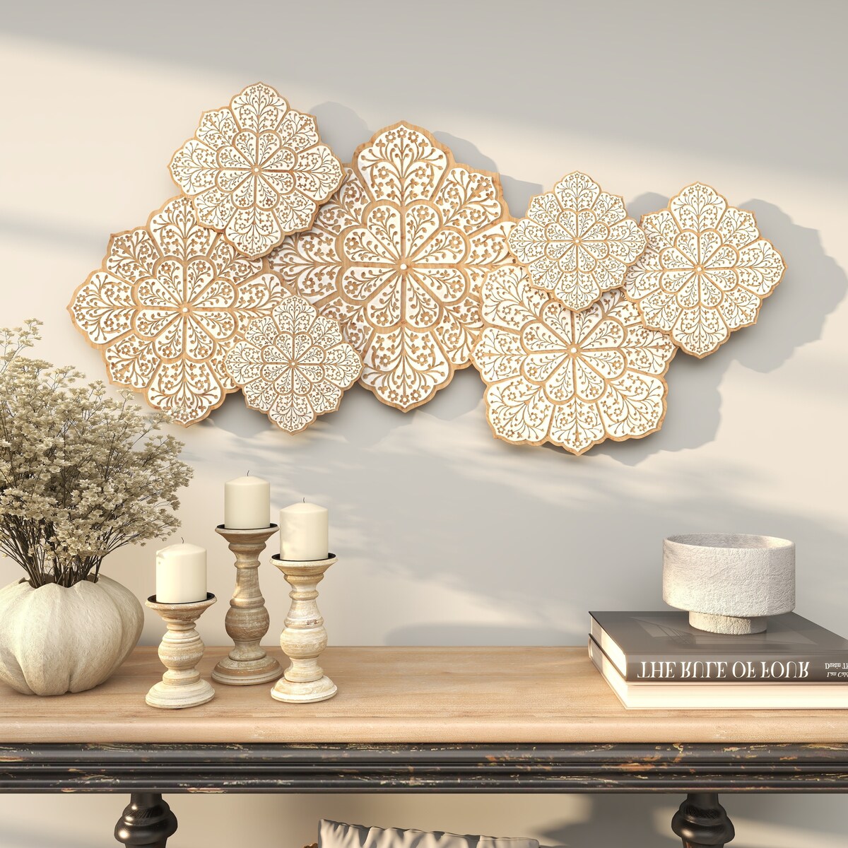 Wood Floral Intricately Carved Home Wall Decor - White - Roche River Decor