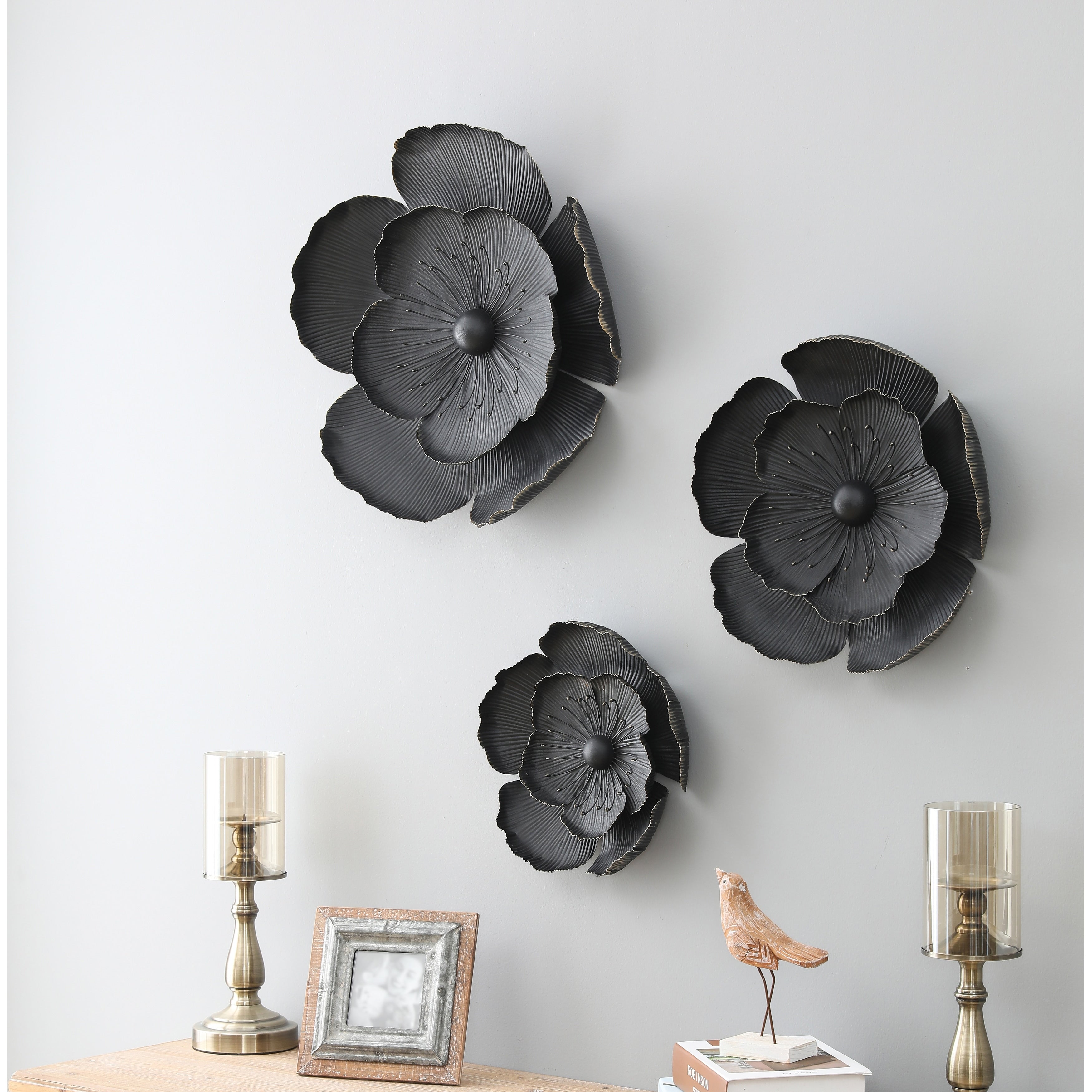 Black Multi-Size Metal Flowers Wall Decor (Set of 3)