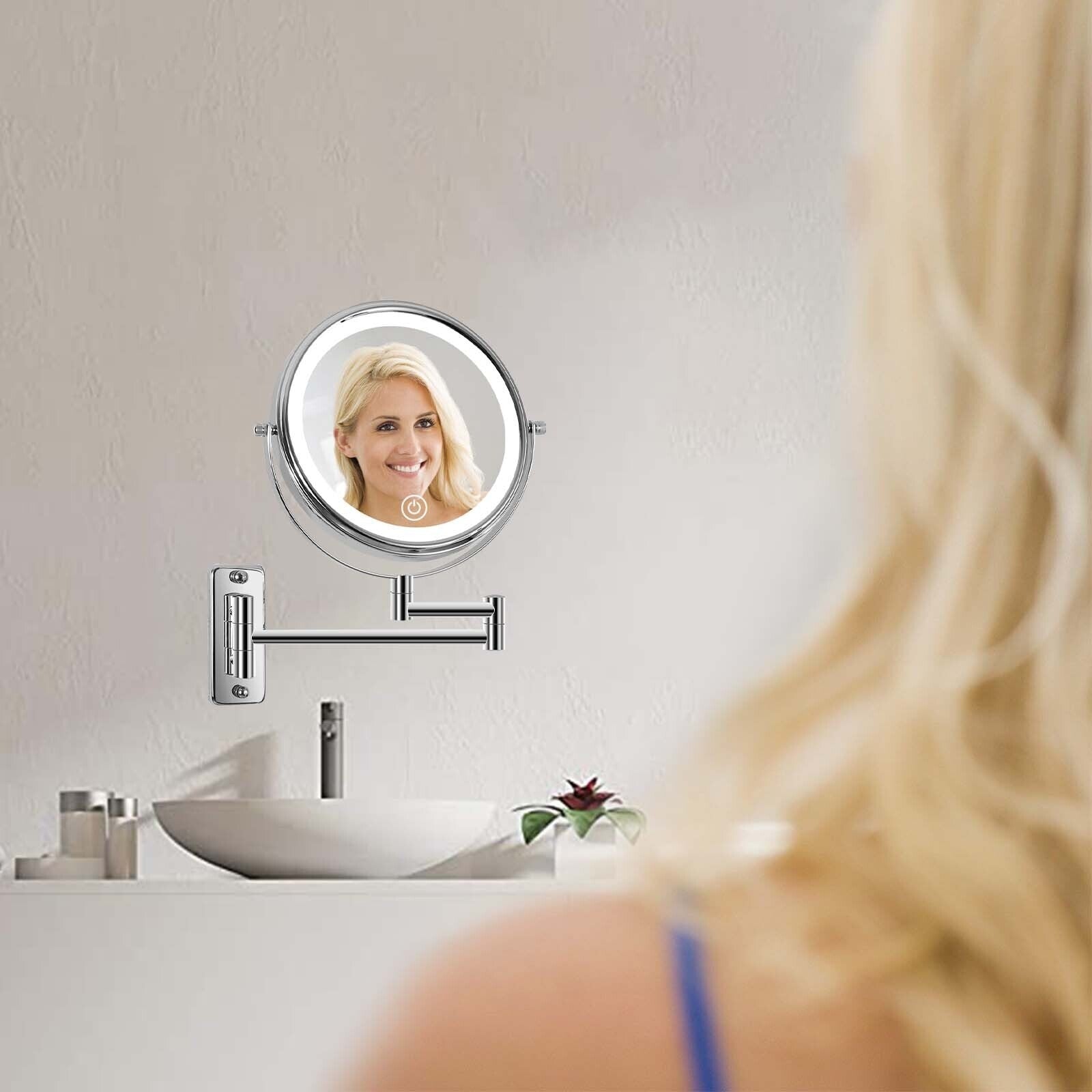 8 Round Wall Mount Bathroom Makeup Mirror, Rechargeable, Magnification 1x/10x, 3 Color Lights