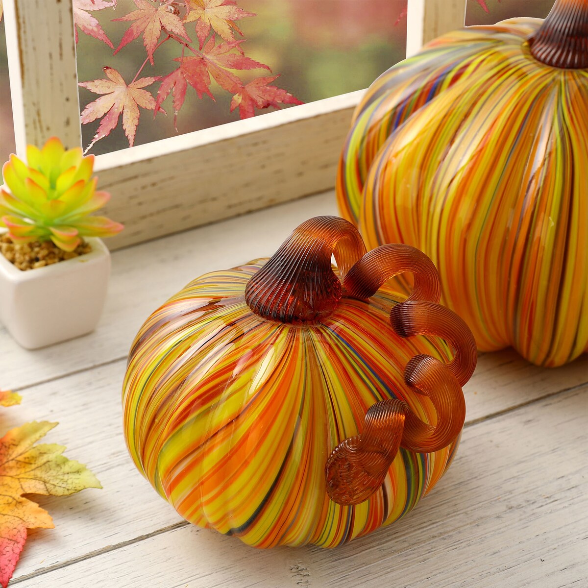 Glitzhome Fall Harvest Multi Striped Handblown Glass Pumpkins for Thanksgiving Decor