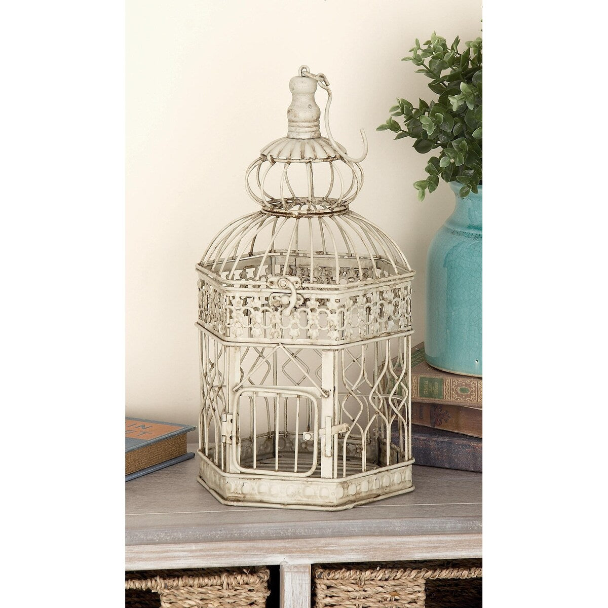 Metal Scroll Distressed Wire Birdcage with Latch Lock Closure and Hanging Hook - Set of 2 Cream - Roche River Decor