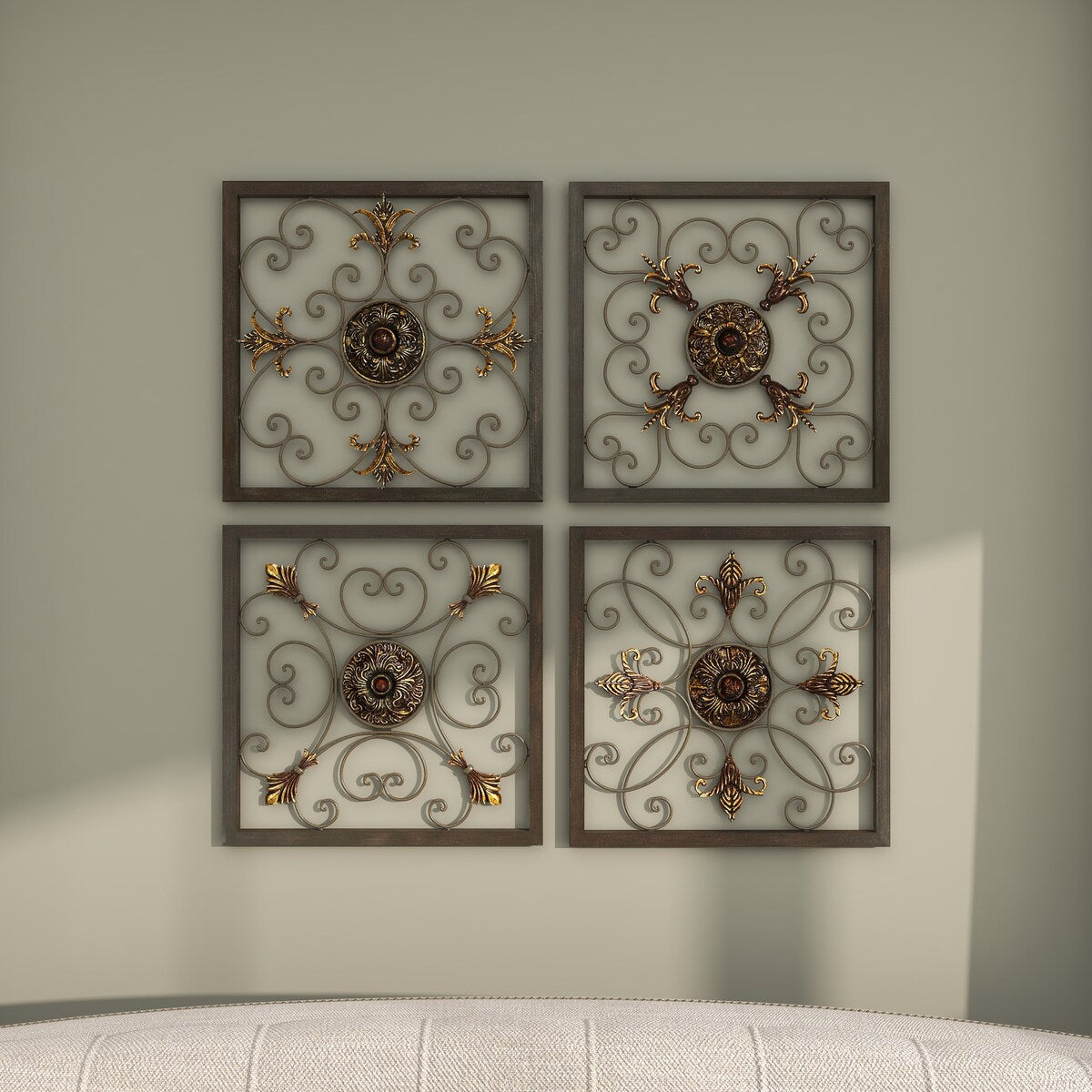 Metal Fleur De Lis Wire Scroll Home Wall Decor with Gold Accents - Set of 4 Brown - Roche River Decor