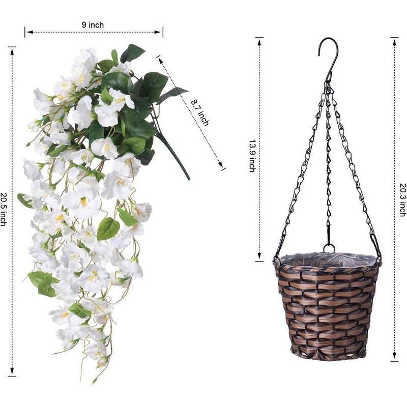 Artificial Faux Hanging Flowers Plants Baskets for Spring Outdoor Outside Decoration, Fake White Silk Long Stems Vines Hibiscus