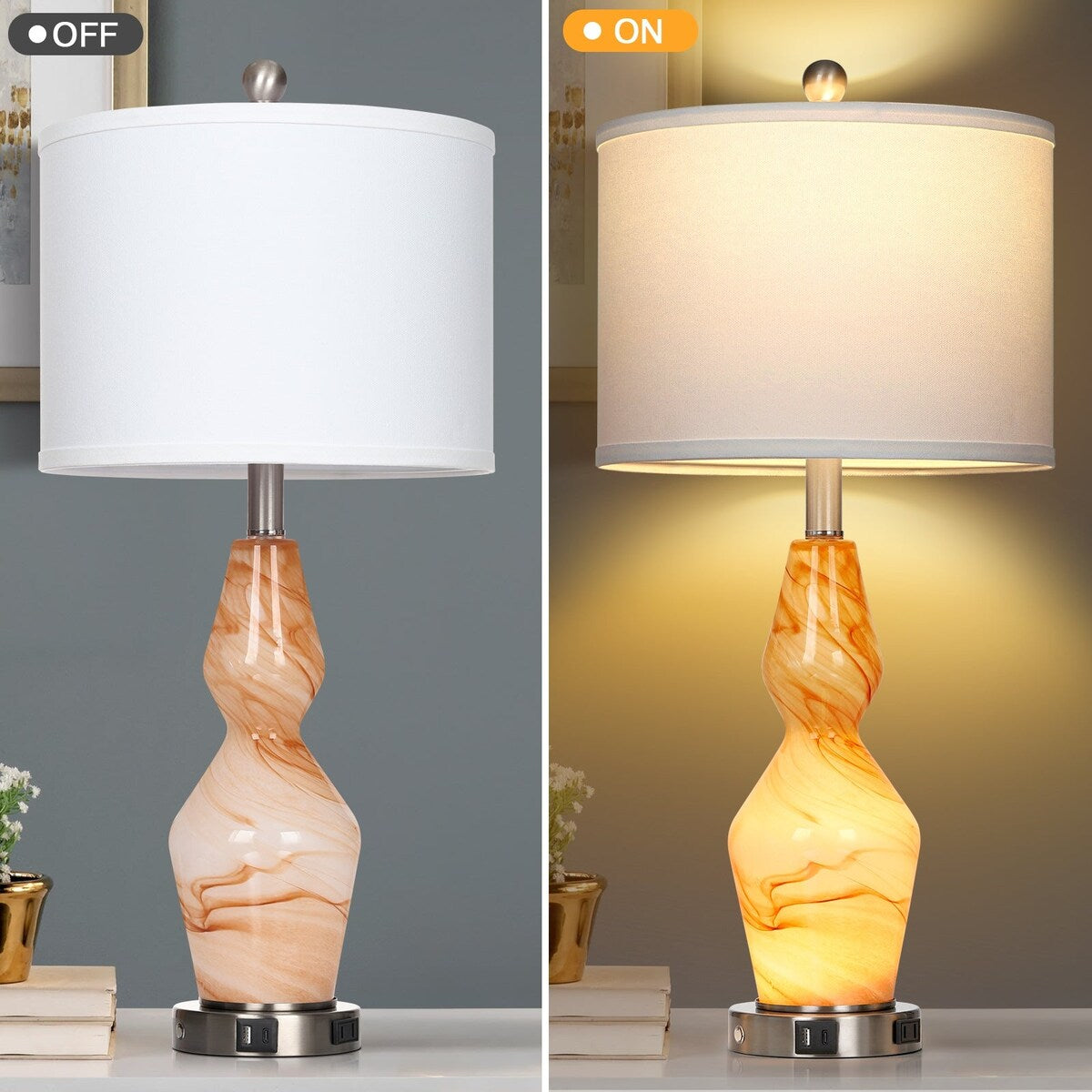 Brown Art Glass Nightlight Table Lamp 2in1 with Exquisite Brown Texture (Set of 2) - 12'' x 12'' x 26.5'' (L x W x H)