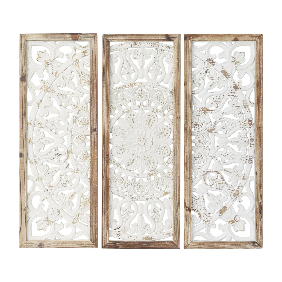 Wood Floral Intricately Carved Home Wall Decor with Mandala Design - Set of 3 White - Roche River Decor