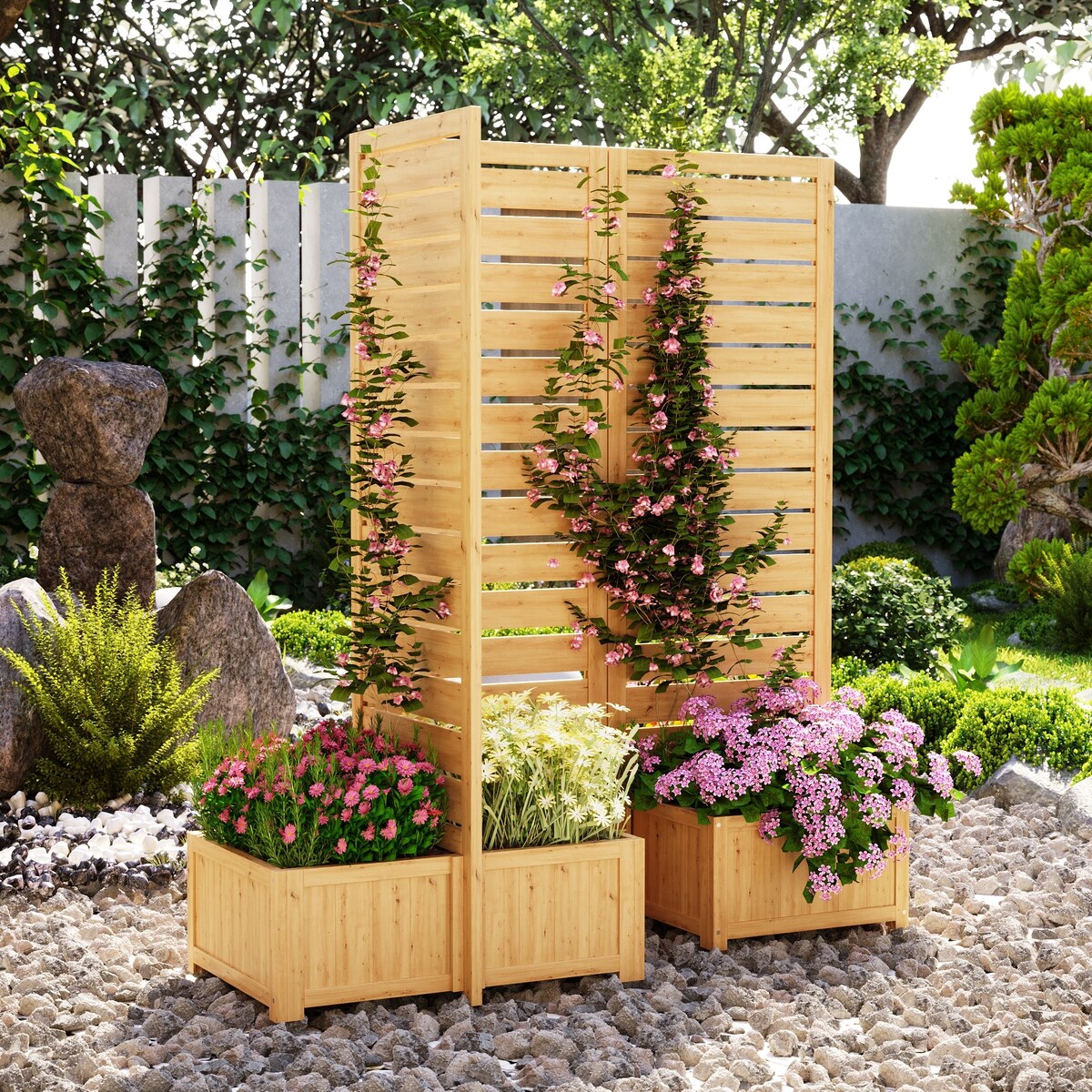 Cedar Tri-Fold Privacy Screen with 4 Planter Boxes, Weather-Resistant