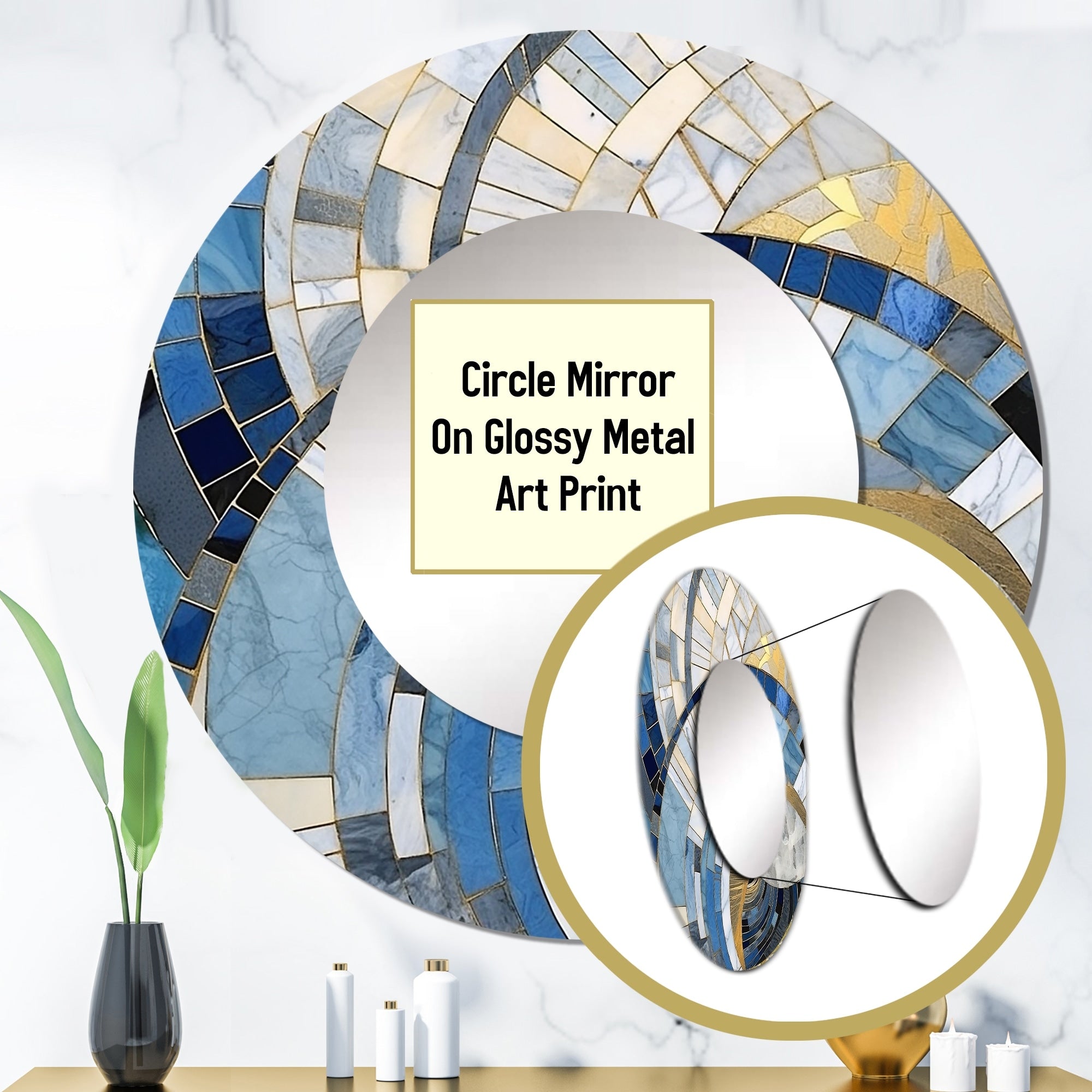 Designart Gold Constructing Blue Realms I Abstract Shapes Round Mirror - Modern Blue Living Room Mirror