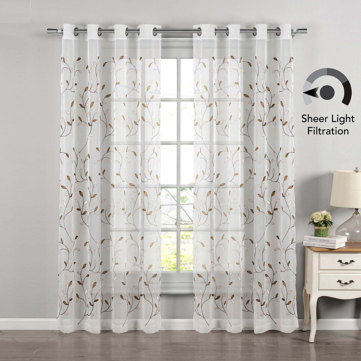 Wavy Leaves Embroidered Sheer Extra Wide Window Curtain (Single Panel)