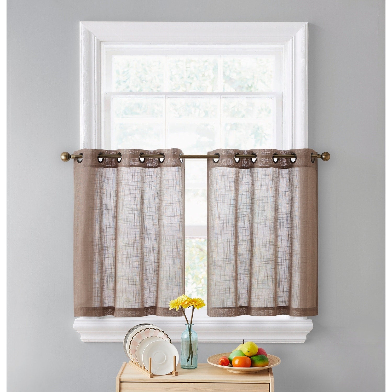 HLC.me Abbey Faux Linen Textured Semi Sheer Grommet Curtain Tiers Valance Small Windows, Bedroom & Bathroom