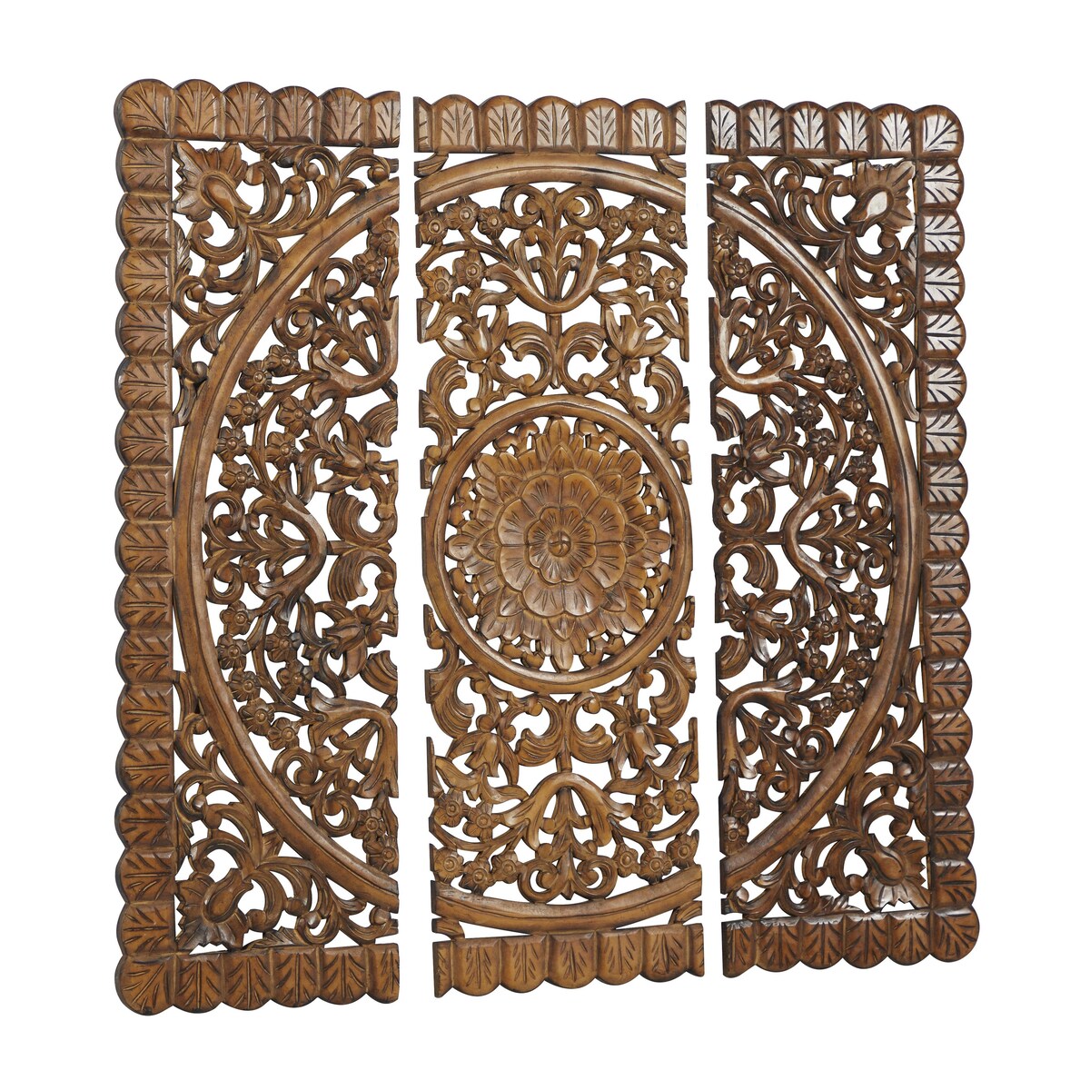 Wooden Floral Handmade Intricately Carved Mandala Panel Home Wall Decor - Set of 3 Brown - Roche River Decor