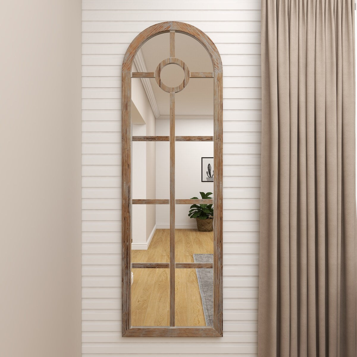 Wood Arched Window Pane Room Wall Mirror - Brown - Roche River Decor