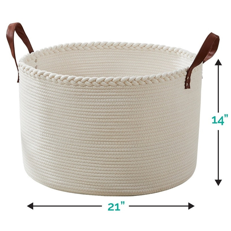 Large Round Cotton Rope Storage Basket Laundry Hamper with Leather Handles, 21 x 21 x 14 - 21 x 21 x 14