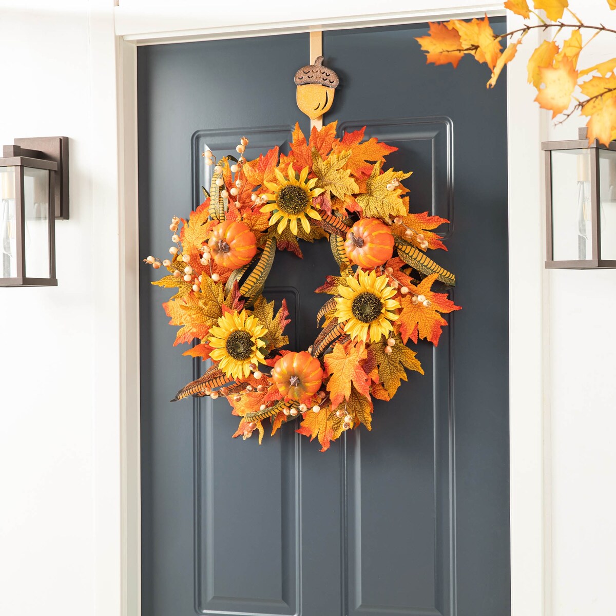 Glitzhome Set of 3 Fall Metal Glitter Acorn Leaf Pumpkin Wreath Hangers for Thanksgiving