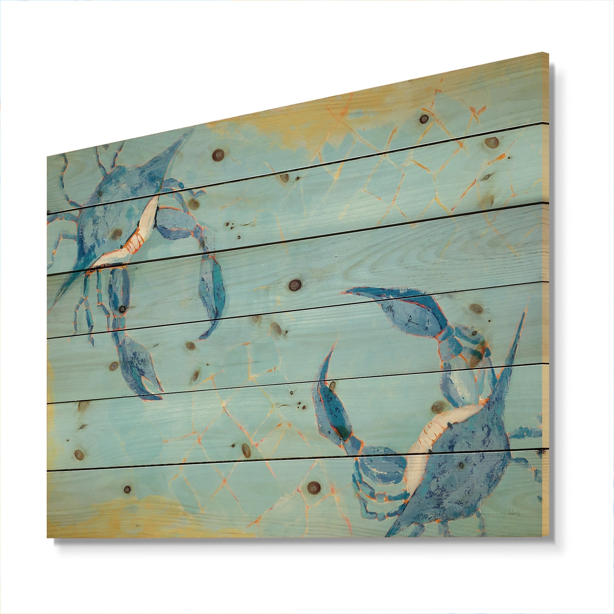 Designart 'Blue Coastal crab Battle' Nautical & Coastal Print on Natural Pine Wood - Blue