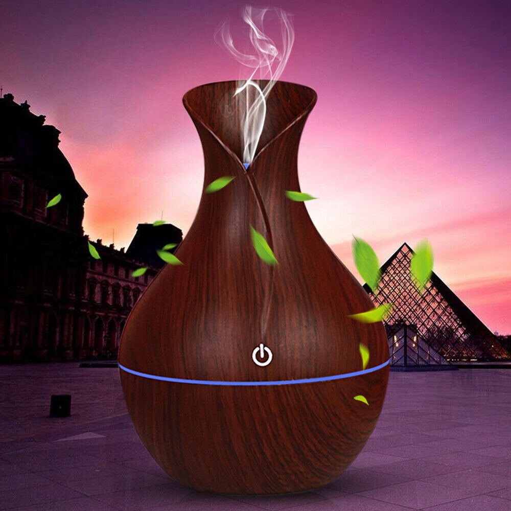 130ml Wood Grain Vase Diffuser with LED Aromatherapy Humidifier