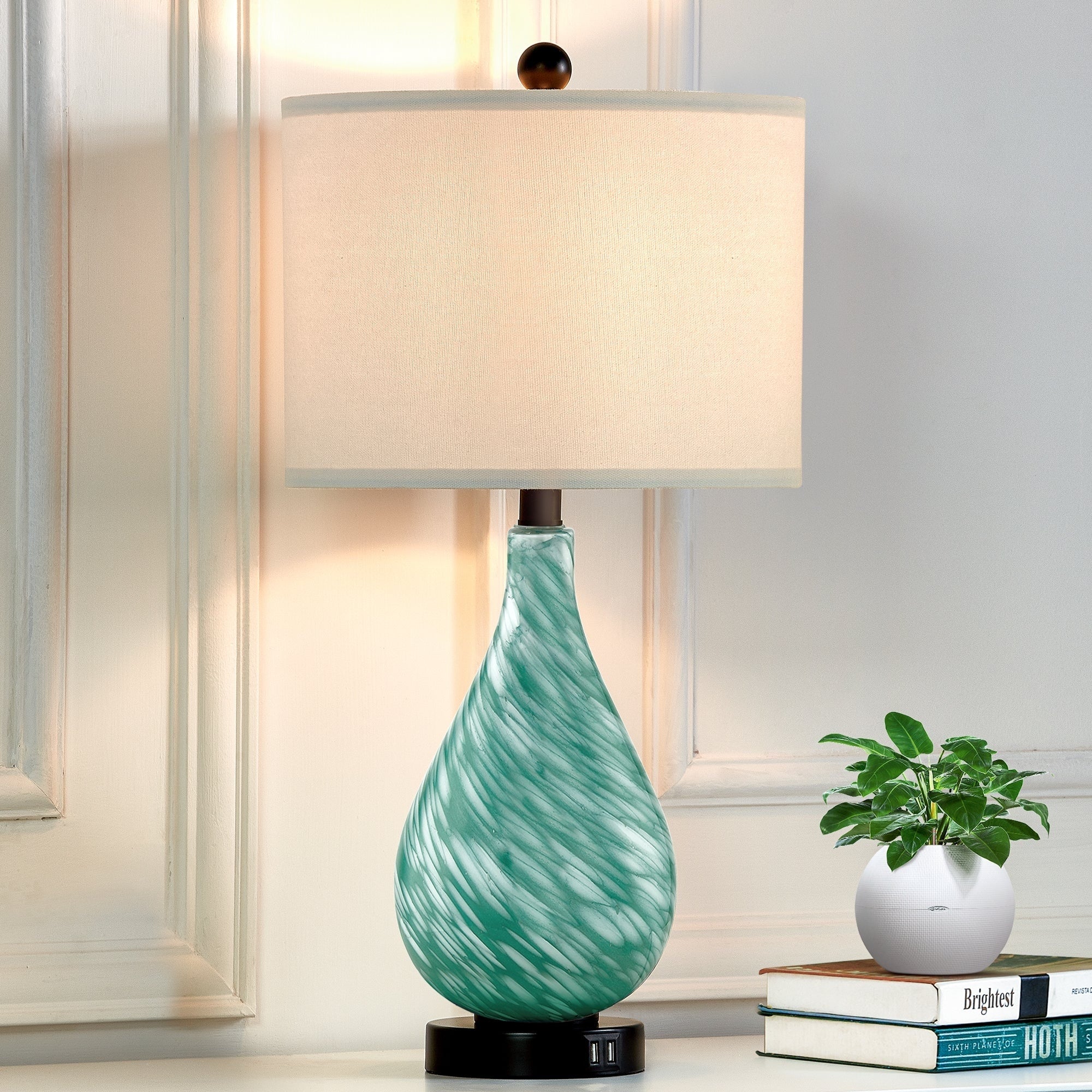 Cinkeda Table Lamp Teal Green Glass 3-Way Touch Dimming Dual USB Ports - 12'' x 12'' x 24'' (L x W x H)