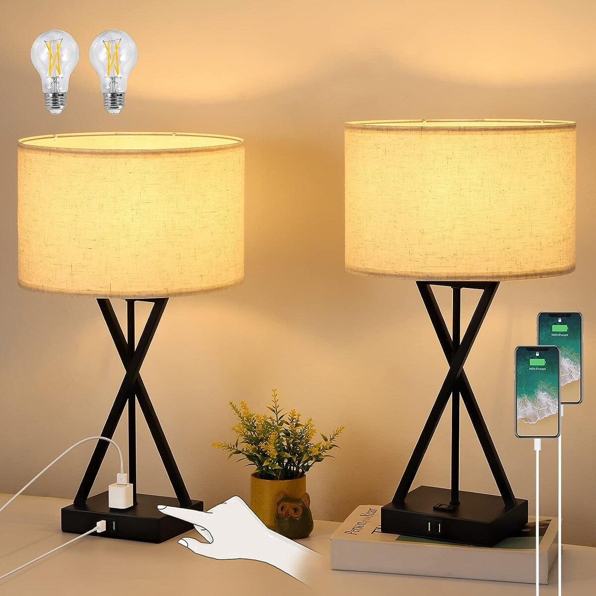 Set of 2 Table Lamps with Dual USB Ports and AC Outlet, 3-Way Dimmable - 2PCS