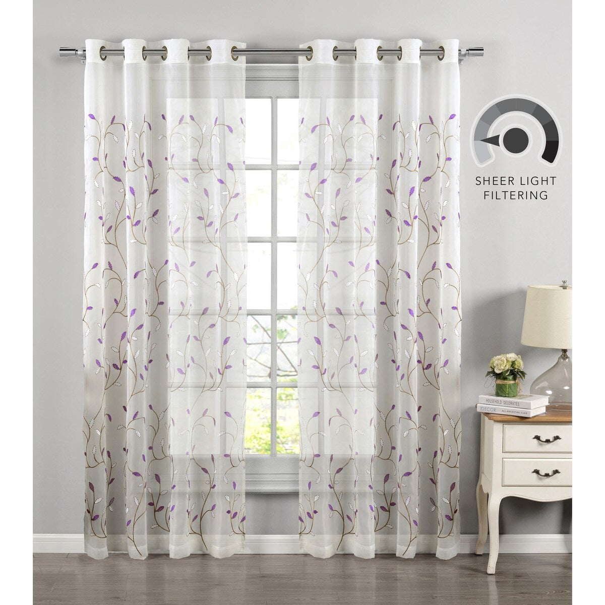 Wavy Leaves Embroidered Sheer Extra Wide Window Curtain (Single Panel)