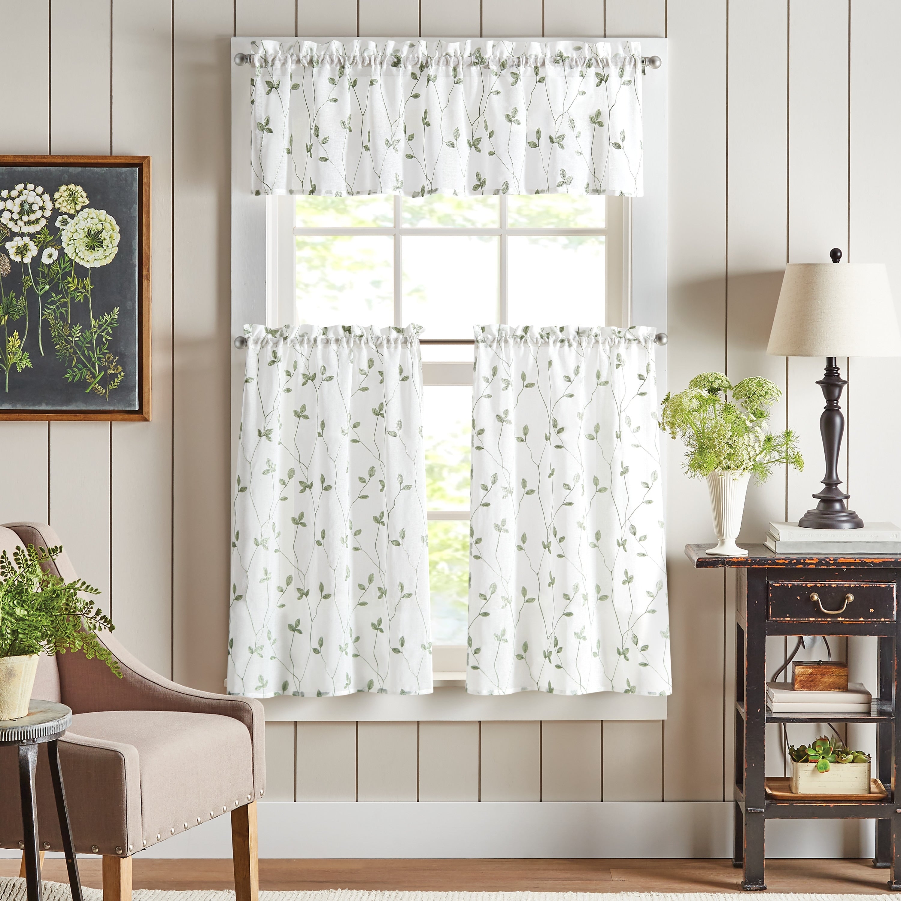 Curtainworks Botanical Embroidery Valance and Tier Pair Curtain Collection