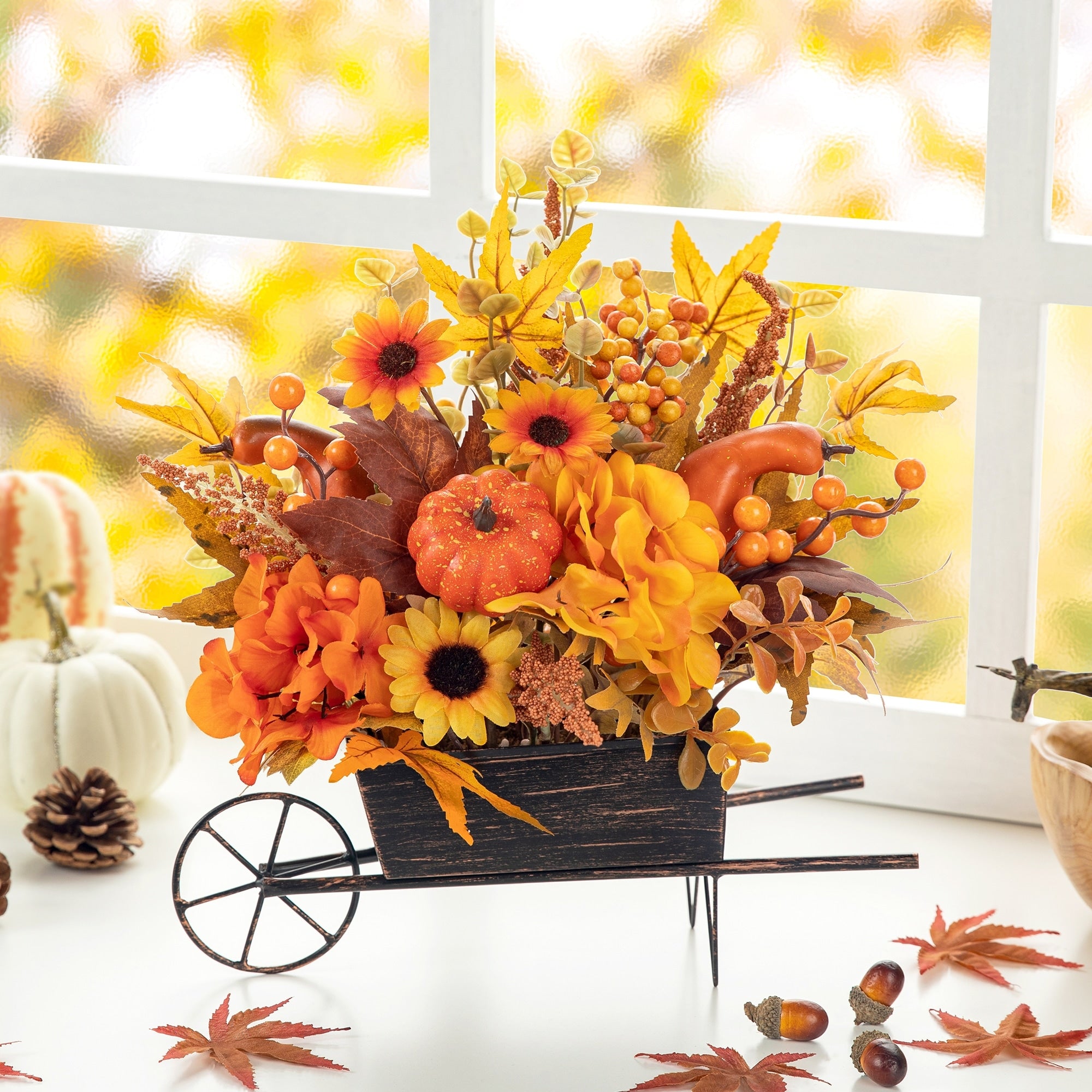 Glitzhome 14L Fall Unique Floral Cart Centerpiece Thanksgiving Table Decor