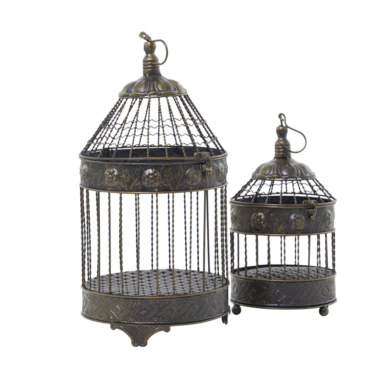 Metal Floral Antique Twisted Rod Birdcage with Latch Closure and Hanging Hook - Set of 2 Bronze - Roche River Decor