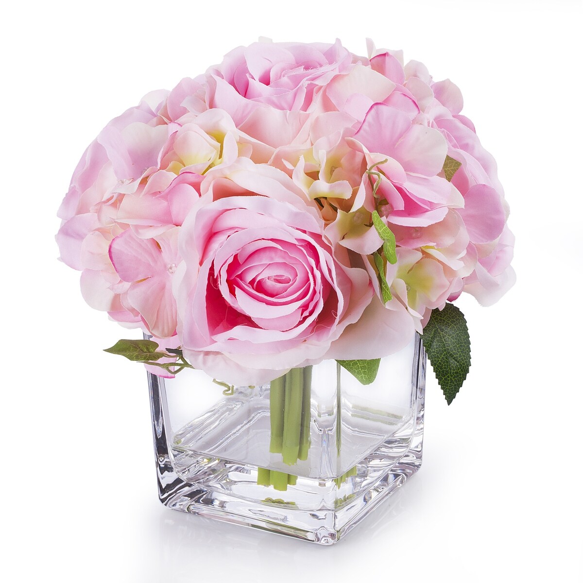 Enova Home Artificial Silk Hydrangea and Fake Roses Flowers Arrangement in Cube Glass Vase with Faux Water for Home Decoration