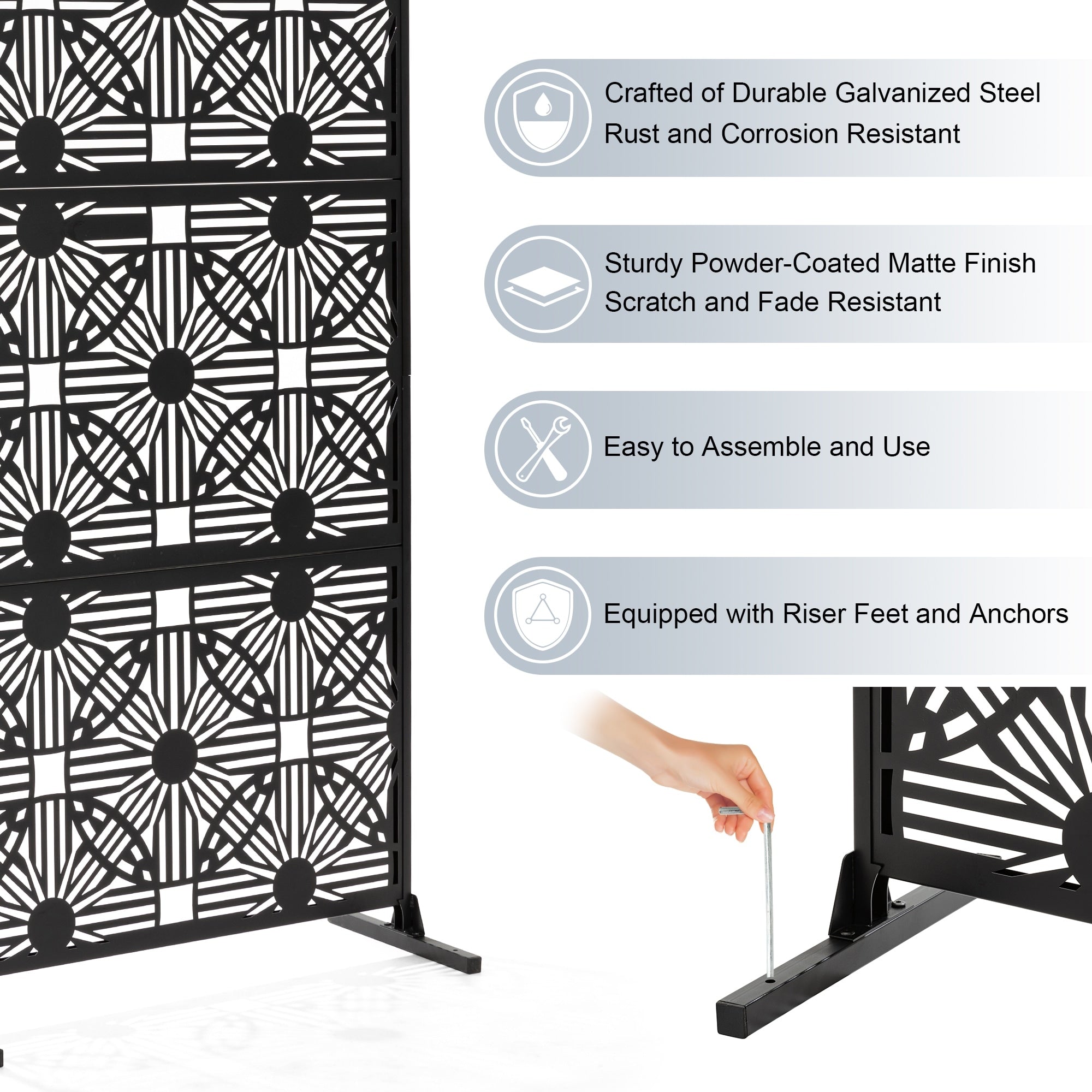 Glitzhome 6ft Galvanized Floral Patterned 3-Panel Privacy Screen Room Divider Fences