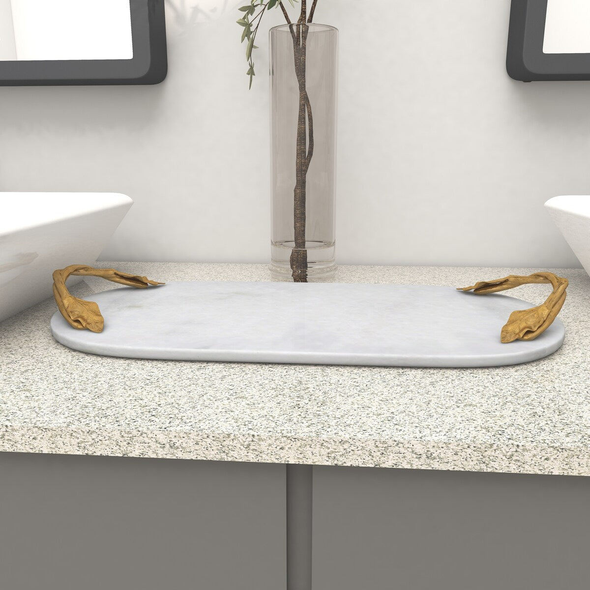 Marble Oval or Rectangle Living Room Decor Tray with Gold Leaf Handles - White or Black - Roche River Decor