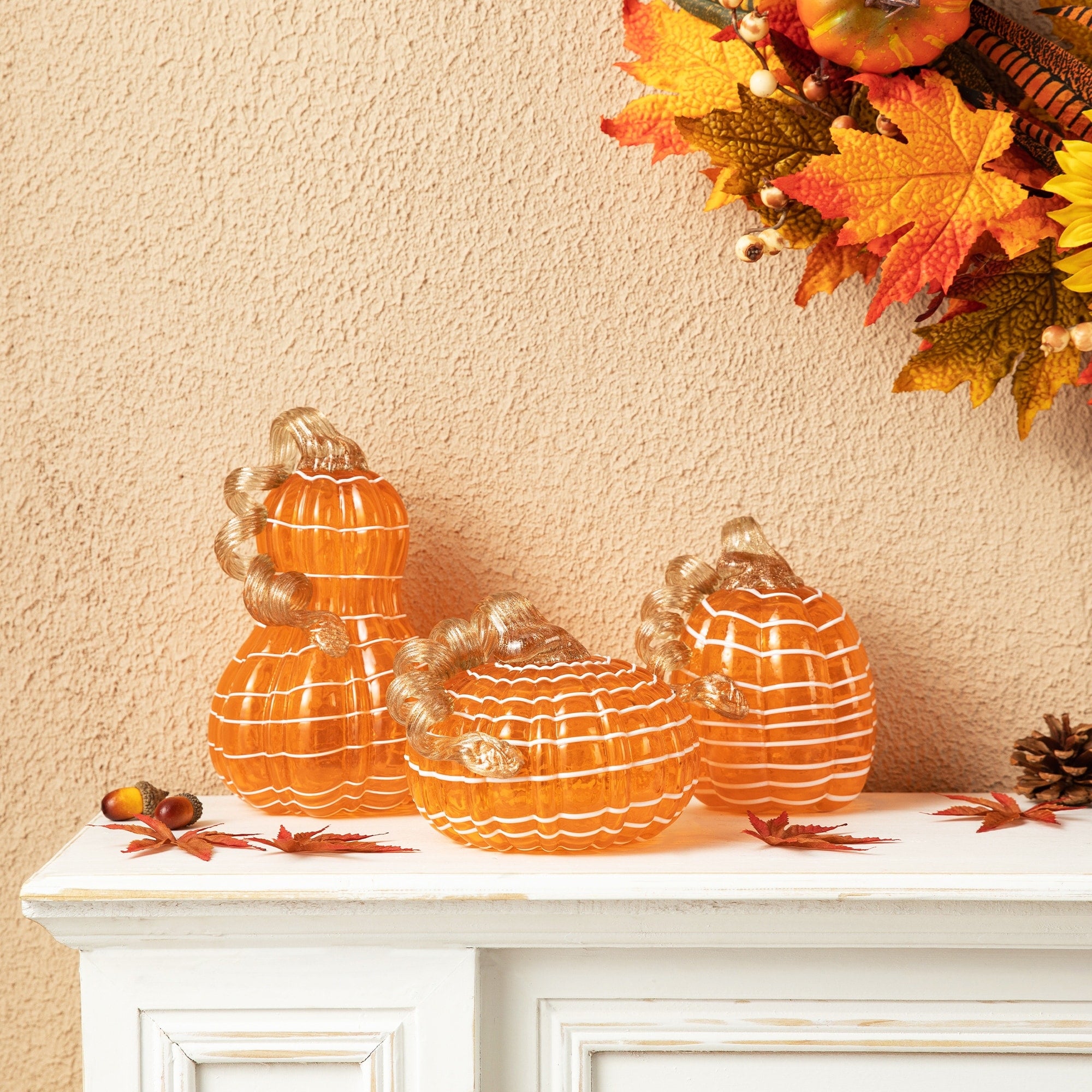 Glitzhome S/3 Thanksgiving Harvest Glass Pumpkin & Gourd Decor Christmas Centerpiece