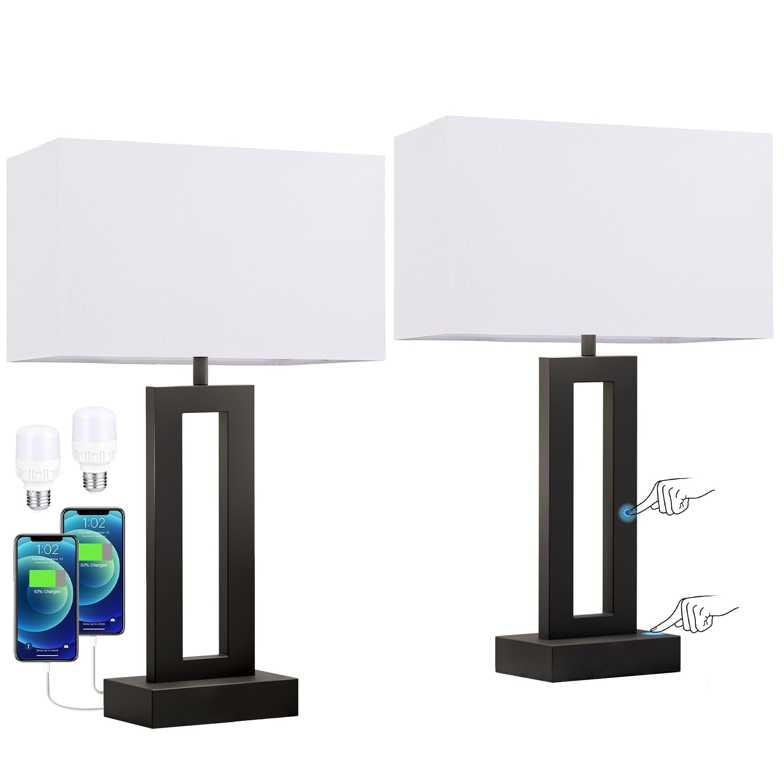 Nightstand Table Lamps for Bedrooms Set of 2 - Touch Bedside Lamp with USB C+A, 3 Way Dimmable Living Room Lamps